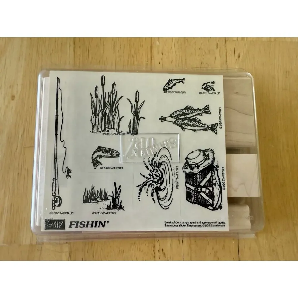 STAMPIN UP FISHIN Unmounted 9 Rubber Stamps Pole Kreel Water Scene Fishing NEW